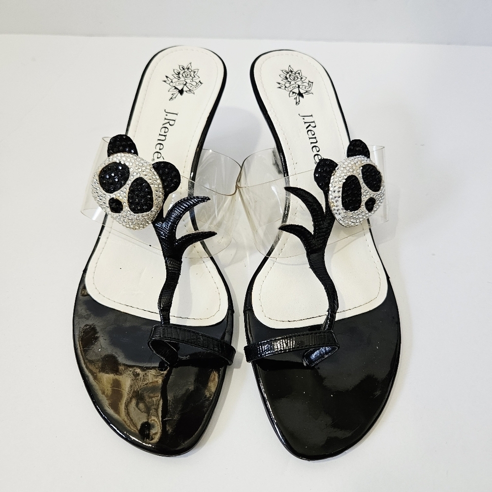 Vintage J. Renee Panda Heels Size 10 M Vinyl Rhinestone Wedge Slip On 🐼